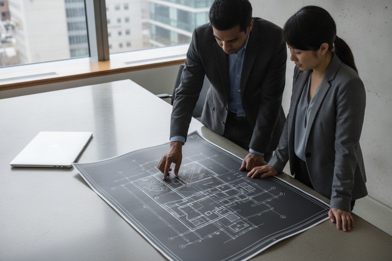 Two colleagues reviewing a technical drawing