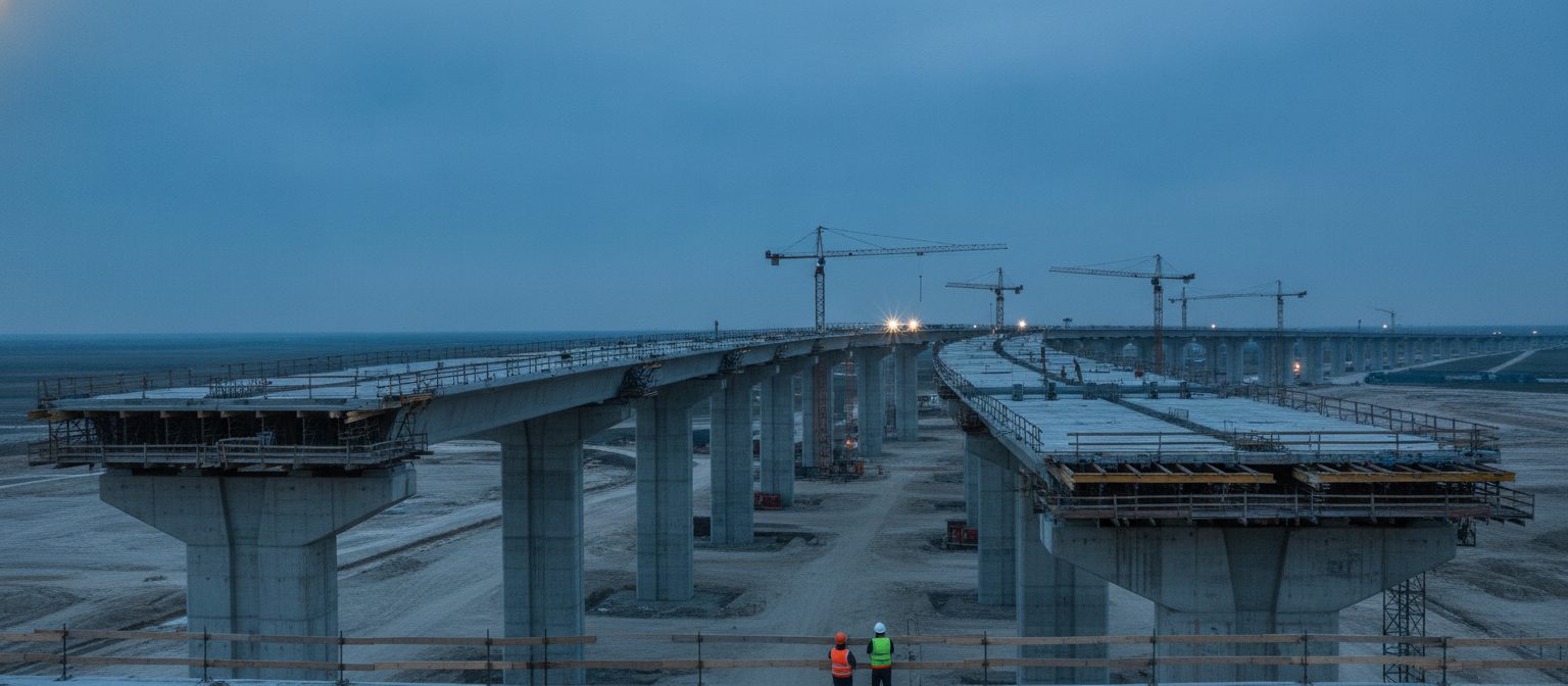 A concrete viaduct under construction at dusk