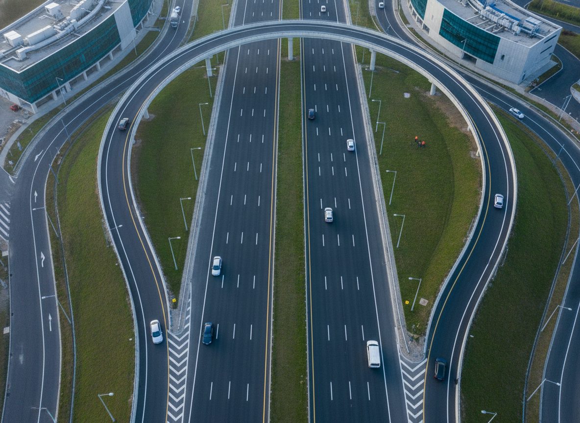 A completed highway interchange from the air